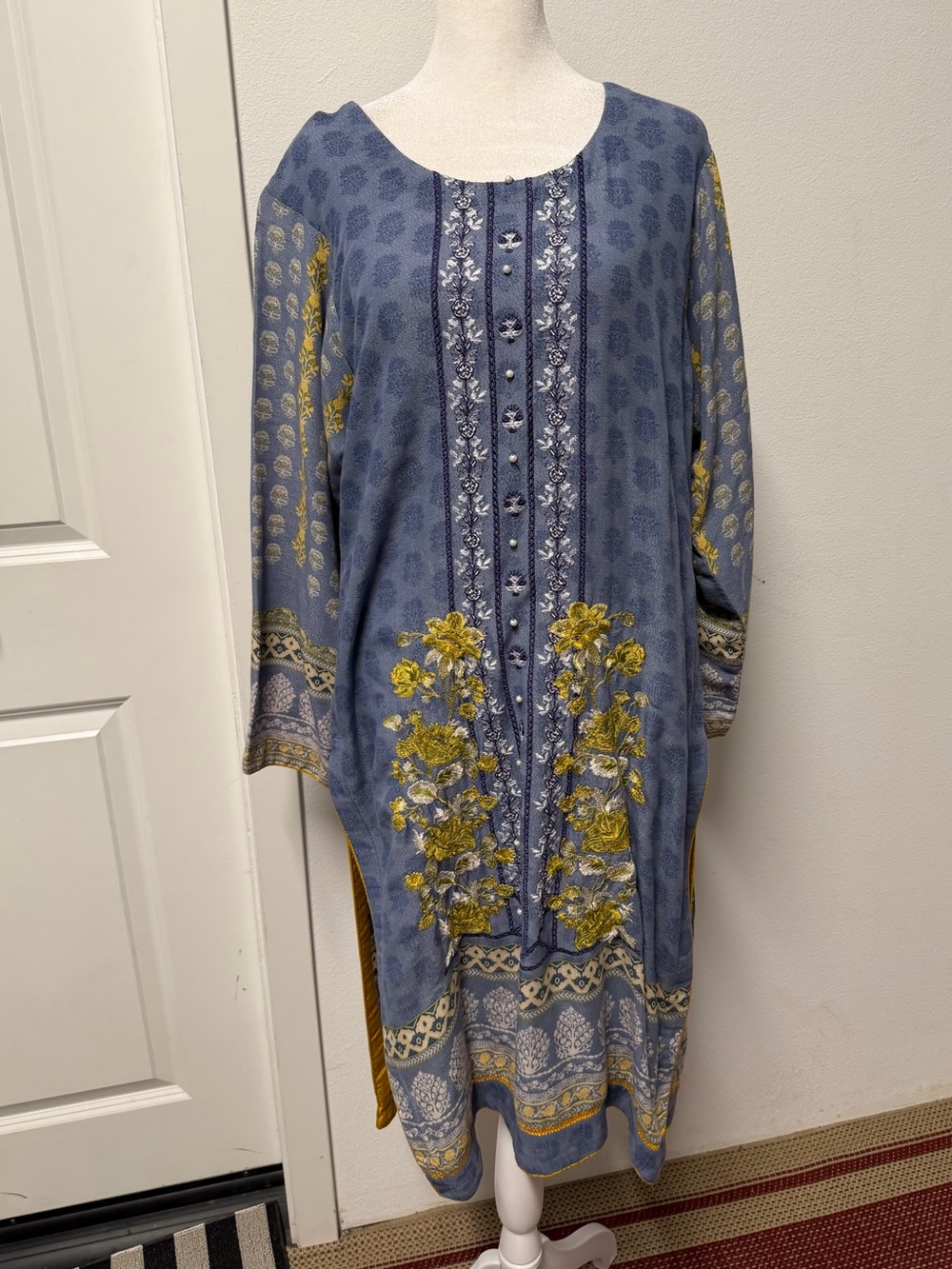 Blue & Mustard Embroidered Pakistani 3 Piece Suit WINTER